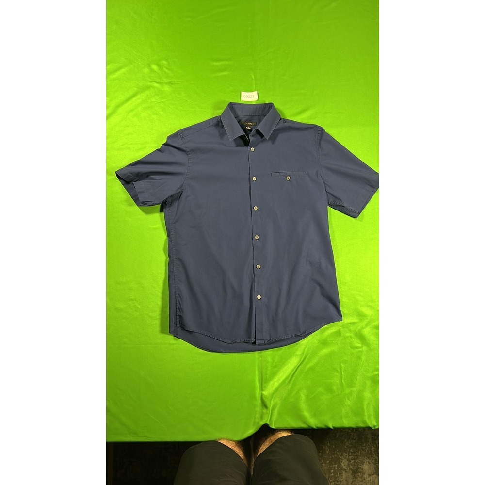 Alfani Mens Short Sleeve Button-Down Shirt Navy Blue M Stretch Cotton Blend